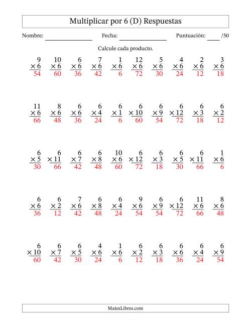 La hoja de ejercicios de Multiplicar (Factores de 1 a 12) por 6 (50 Preguntas) (D) Página 2