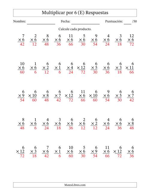 La hoja de ejercicios de Multiplicar (Factores de 1 a 12) por 6 (50 Preguntas) (E) Página 2