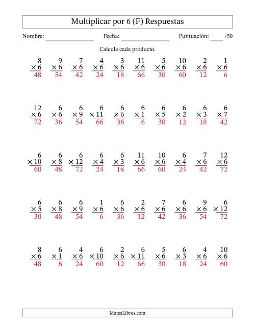 La hoja de ejercicios de Multiplicar (Factores de 1 a 12) por 6 (50 Preguntas) (F) Página 2