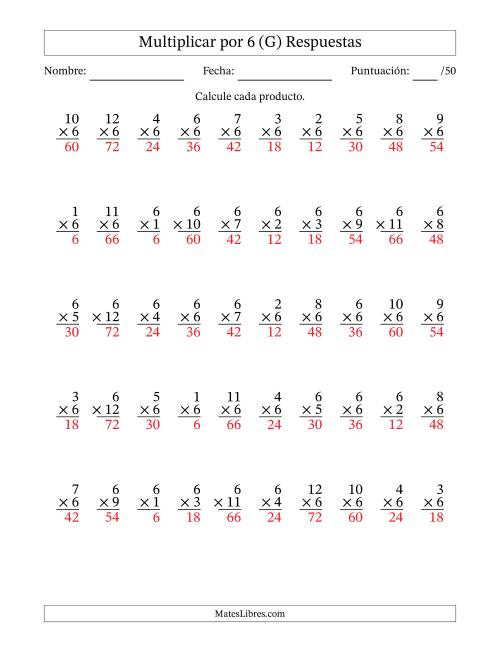 La hoja de ejercicios de Multiplicar (Factores de 1 a 12) por 6 (50 Preguntas) (G) Página 2