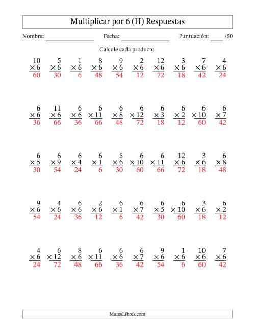 La hoja de ejercicios de Multiplicar (Factores de 1 a 12) por 6 (50 Preguntas) (H) Página 2