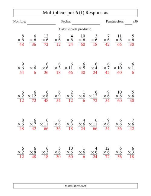 La hoja de ejercicios de Multiplicar (Factores de 1 a 12) por 6 (50 Preguntas) (I) Página 2