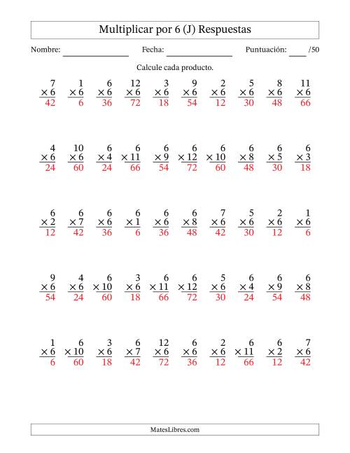La hoja de ejercicios de Multiplicar (Factores de 1 a 12) por 6 (50 Preguntas) (J) Página 2