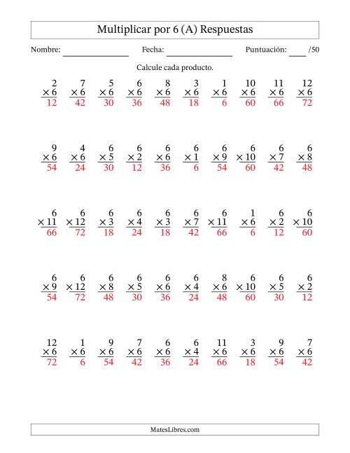 La hoja de ejercicios de Multiplicar (Factores de 1 a 12) por 6 (50 Preguntas) (Todas) Página 2