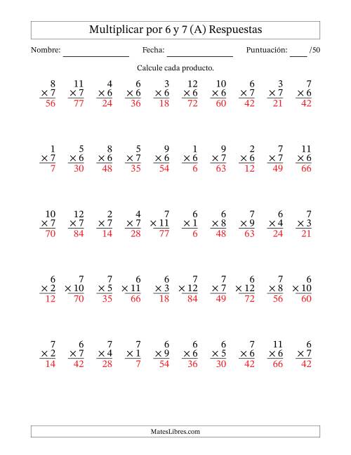 La hoja de ejercicios de Multiplicar (Factores de 1 a 12) por 6 y 7 (50 Preguntas) (A) Página 2