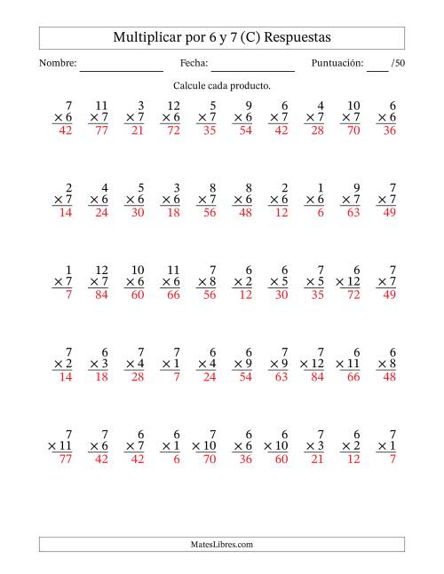 La hoja de ejercicios de Multiplicar (Factores de 1 a 12) por 6 y 7 (50 Preguntas) (C) Página 2