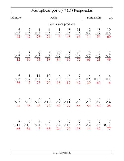 La hoja de ejercicios de Multiplicar (Factores de 1 a 12) por 6 y 7 (50 Preguntas) (D) Página 2