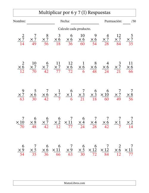 La hoja de ejercicios de Multiplicar (Factores de 1 a 12) por 6 y 7 (50 Preguntas) (I) Página 2