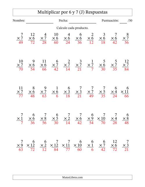 La hoja de ejercicios de Multiplicar (Factores de 1 a 12) por 6 y 7 (50 Preguntas) (J) Página 2