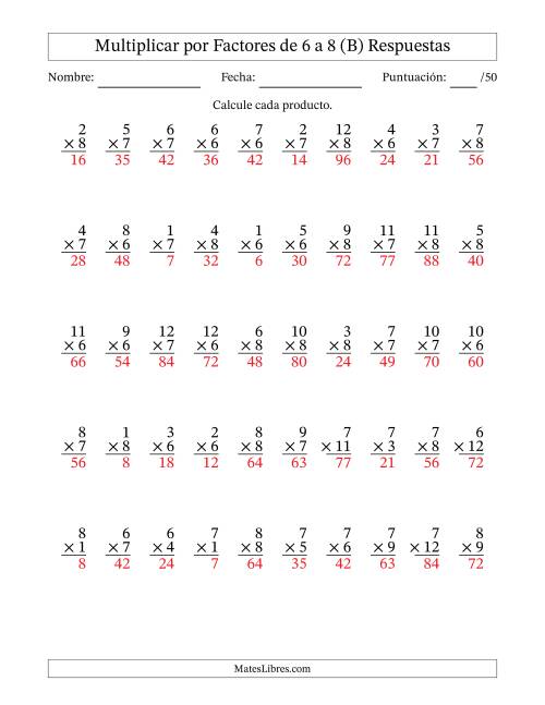 La hoja de ejercicios de Multiplicar (Factores de 1 a 12) por Factores de 6 a 8 (50 Preguntas) (B) Página 2