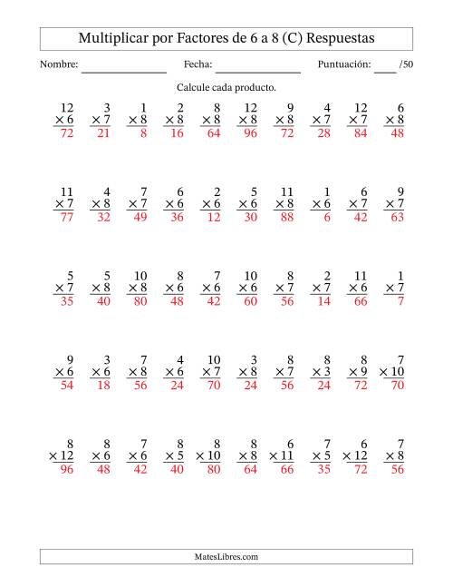 La hoja de ejercicios de Multiplicar (Factores de 1 a 12) por Factores de 6 a 8 (50 Preguntas) (C) Página 2