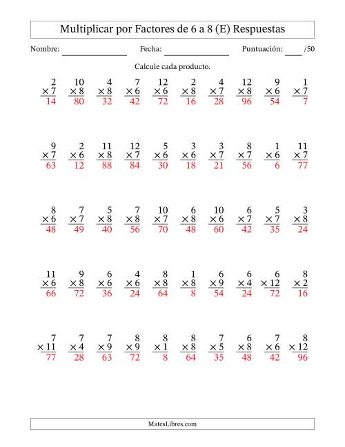 La hoja de ejercicios de Multiplicar (Factores de 1 a 12) por Factores de 6 a 8 (50 Preguntas) (E) Página 2