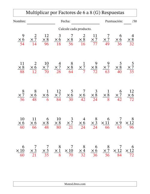 La hoja de ejercicios de Multiplicar (Factores de 1 a 12) por Factores de 6 a 8 (50 Preguntas) (G) Página 2