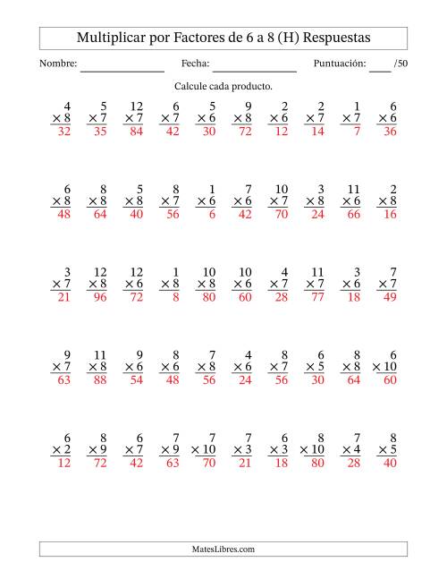 La hoja de ejercicios de Multiplicar (Factores de 1 a 12) por Factores de 6 a 8 (50 Preguntas) (H) Página 2