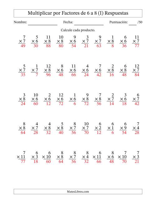 La hoja de ejercicios de Multiplicar (Factores de 1 a 12) por Factores de 6 a 8 (50 Preguntas) (I) Página 2