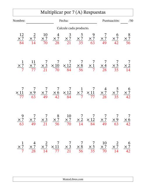 La hoja de ejercicios de Multiplicar (Factores de 1 a 12) por 7 (50 Preguntas) (A) Página 2