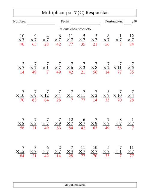 La hoja de ejercicios de Multiplicar (Factores de 1 a 12) por 7 (50 Preguntas) (C) Página 2