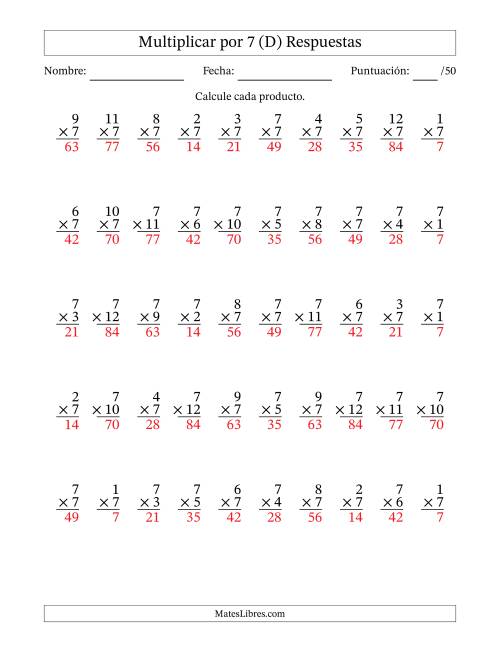 La hoja de ejercicios de Multiplicar (Factores de 1 a 12) por 7 (50 Preguntas) (D) Página 2