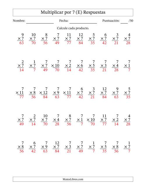 La hoja de ejercicios de Multiplicar (Factores de 1 a 12) por 7 (50 Preguntas) (E) Página 2