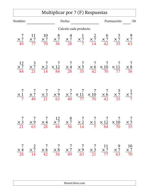 La hoja de ejercicios de Multiplicar (Factores de 1 a 12) por 7 (50 Preguntas) (F) Página 2