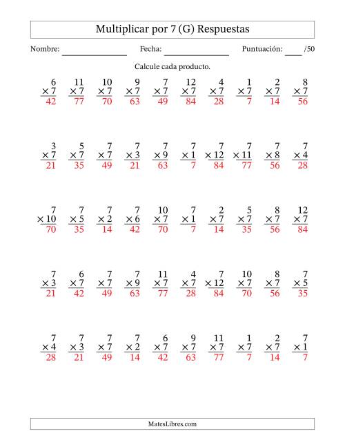 La hoja de ejercicios de Multiplicar (Factores de 1 a 12) por 7 (50 Preguntas) (G) Página 2