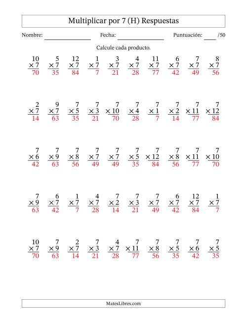La hoja de ejercicios de Multiplicar (Factores de 1 a 12) por 7 (50 Preguntas) (H) Página 2