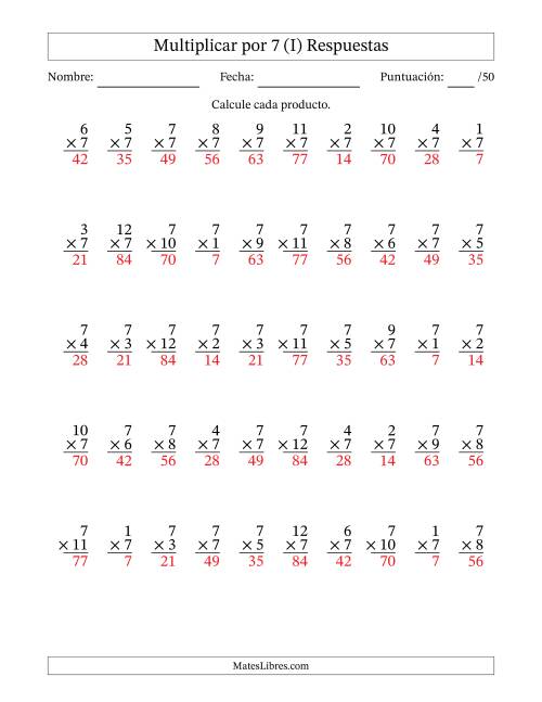 La hoja de ejercicios de Multiplicar (Factores de 1 a 12) por 7 (50 Preguntas) (I) Página 2