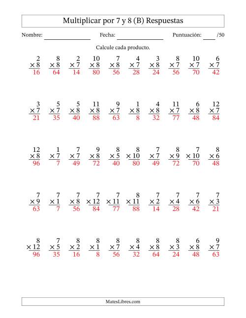 La hoja de ejercicios de Multiplicar (Factores de 1 a 12) por 7 y 8 (50 Preguntas) (B) Página 2