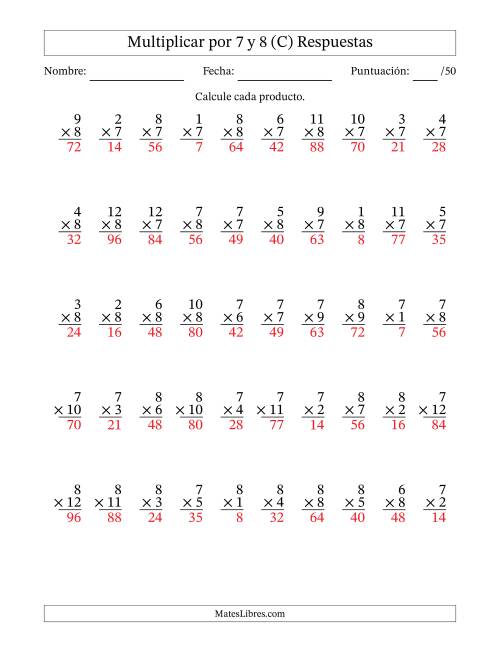 La hoja de ejercicios de Multiplicar (Factores de 1 a 12) por 7 y 8 (50 Preguntas) (C) Página 2