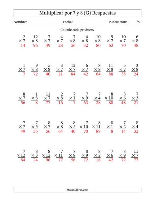 La hoja de ejercicios de Multiplicar (Factores de 1 a 12) por 7 y 8 (50 Preguntas) (G) Página 2