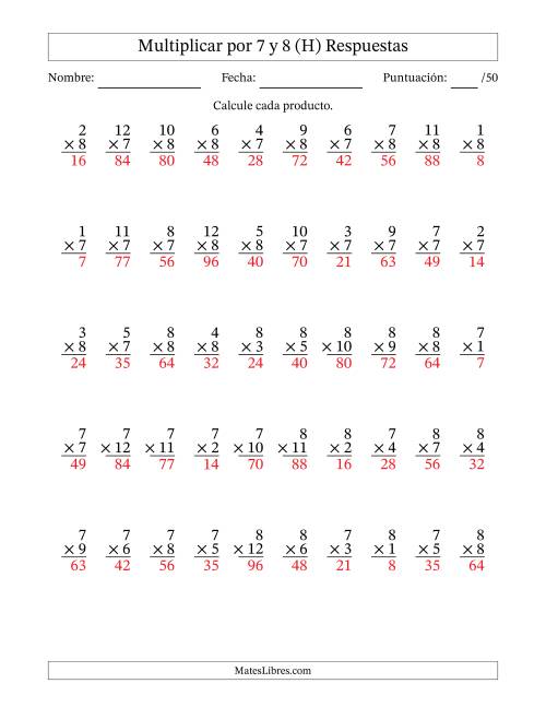 La hoja de ejercicios de Multiplicar (Factores de 1 a 12) por 7 y 8 (50 Preguntas) (H) Página 2