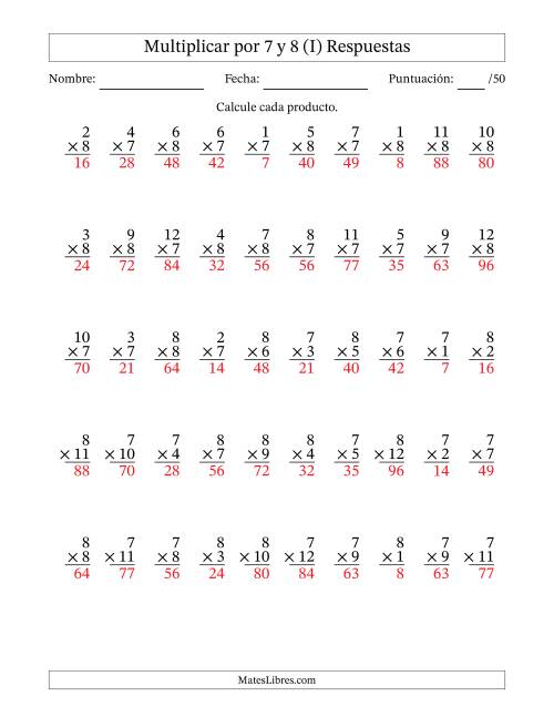 La hoja de ejercicios de Multiplicar (Factores de 1 a 12) por 7 y 8 (50 Preguntas) (I) Página 2