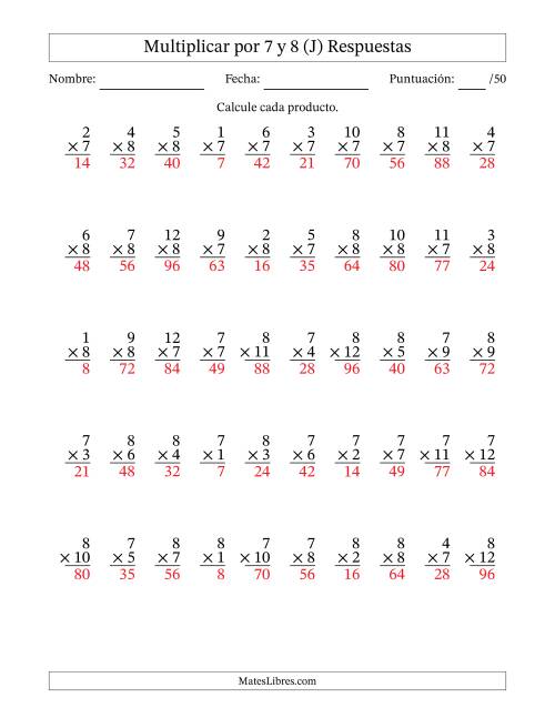 La hoja de ejercicios de Multiplicar (Factores de 1 a 12) por 7 y 8 (50 Preguntas) (J) Página 2