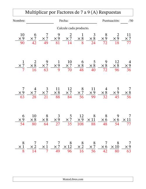 La hoja de ejercicios de Multiplicar (Factores de 1 a 12) por Factores de 7 a 9 (50 Preguntas) (A) Página 2