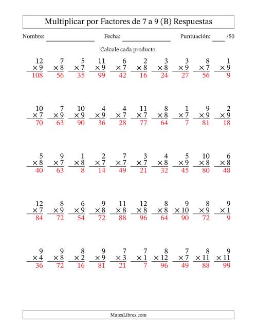 La hoja de ejercicios de Multiplicar (Factores de 1 a 12) por Factores de 7 a 9 (50 Preguntas) (B) Página 2
