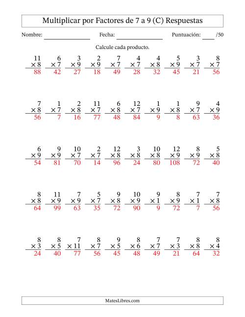 La hoja de ejercicios de Multiplicar (Factores de 1 a 12) por Factores de 7 a 9 (50 Preguntas) (C) Página 2