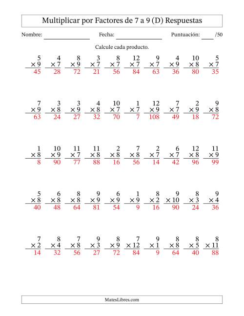 La hoja de ejercicios de Multiplicar (Factores de 1 a 12) por Factores de 7 a 9 (50 Preguntas) (D) Página 2