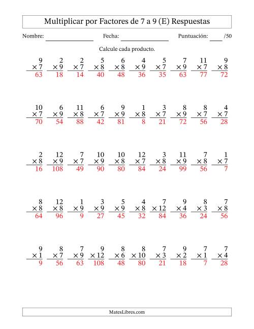 La hoja de ejercicios de Multiplicar (Factores de 1 a 12) por Factores de 7 a 9 (50 Preguntas) (E) Página 2