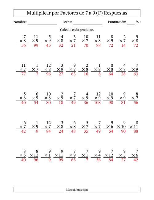 La hoja de ejercicios de Multiplicar (Factores de 1 a 12) por Factores de 7 a 9 (50 Preguntas) (F) Página 2