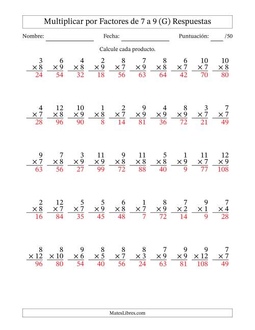 La hoja de ejercicios de Multiplicar (Factores de 1 a 12) por Factores de 7 a 9 (50 Preguntas) (G) Página 2