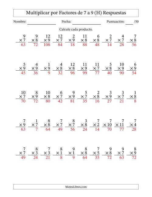 La hoja de ejercicios de Multiplicar (Factores de 1 a 12) por Factores de 7 a 9 (50 Preguntas) (H) Página 2