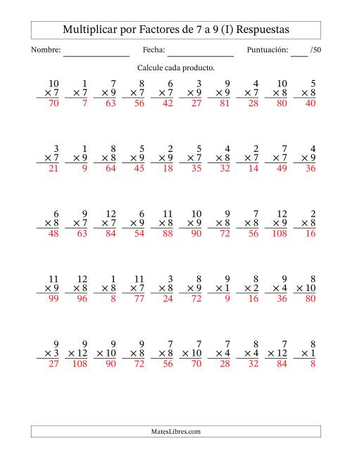La hoja de ejercicios de Multiplicar (Factores de 1 a 12) por Factores de 7 a 9 (50 Preguntas) (I) Página 2