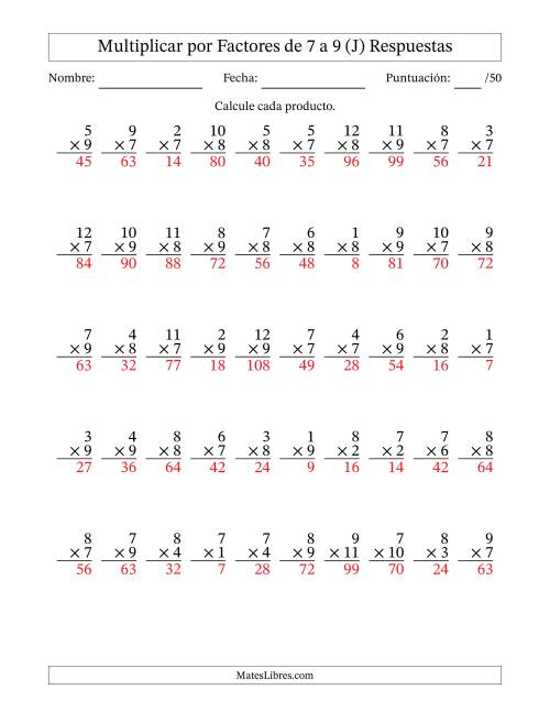 La hoja de ejercicios de Multiplicar (Factores de 1 a 12) por Factores de 7 a 9 (50 Preguntas) (J) Página 2