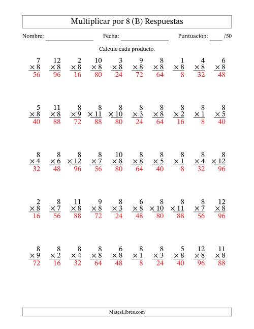 La hoja de ejercicios de Multiplicar (Factores de 1 a 12) por 8 (50 Preguntas) (B) Página 2