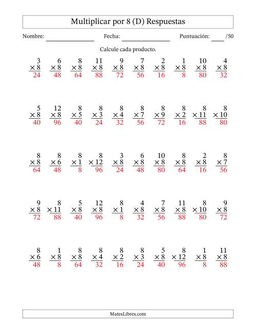 La hoja de ejercicios de Multiplicar (Factores de 1 a 12) por 8 (50 Preguntas) (D) Página 2