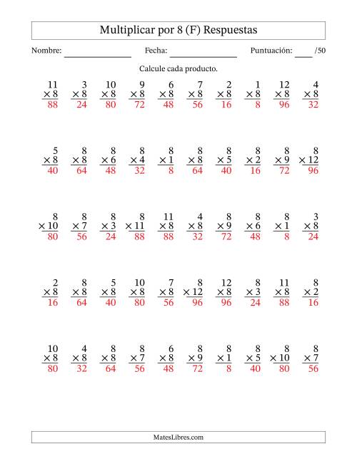 La hoja de ejercicios de Multiplicar (Factores de 1 a 12) por 8 (50 Preguntas) (F) Página 2