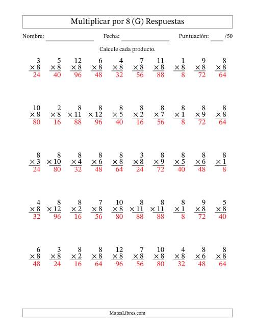 La hoja de ejercicios de Multiplicar (Factores de 1 a 12) por 8 (50 Preguntas) (G) Página 2