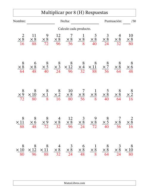 La hoja de ejercicios de Multiplicar (Factores de 1 a 12) por 8 (50 Preguntas) (H) Página 2