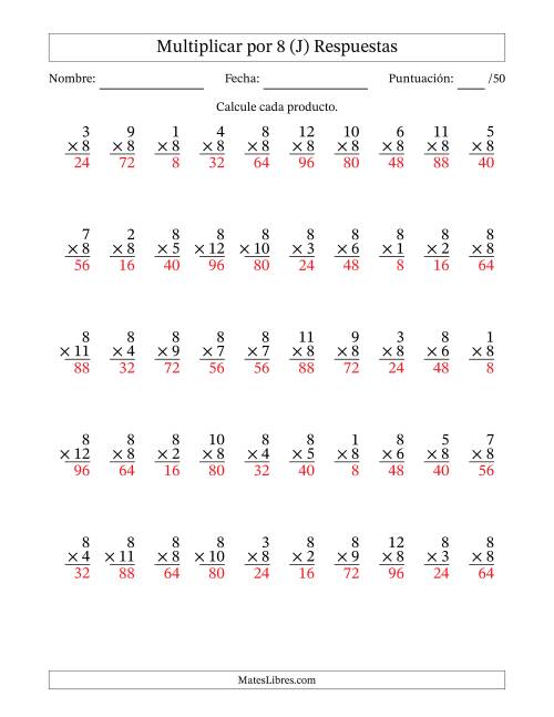 La hoja de ejercicios de Multiplicar (Factores de 1 a 12) por 8 (50 Preguntas) (J) Página 2