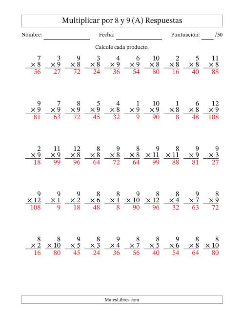 La hoja de ejercicios de Multiplicar (Factores de 1 a 12) por 8 y 9 (50 Preguntas) (A) Página 2